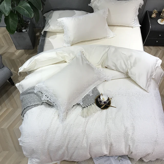 Cheap White Lace Queen King size Bedding Set Egyptian Cotton Princess Bed set Bed Fitted sheet Duvet cover parrure de lit ropa de cama
