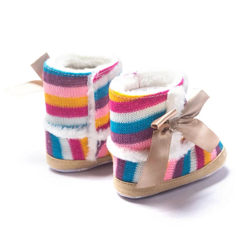 Зимние теплые детские ботинки разноцветные ботинки для новорожденных девочек мягкая плюшевая зимняя обувь для новорожденных ботиночки зимняя детская зимняя обувь с бантом