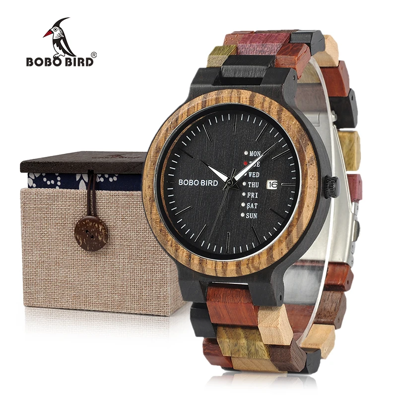 BOBO BIRD Relogio Masculino деревянные часы с полным календарем недели дисплей кварцевые