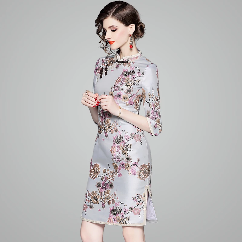 Розовый тонкий Cheongsam Весна повседневное Vestidos женское вечернее платье по колено