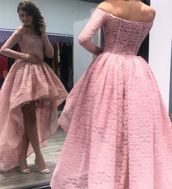 

High Low Pink Lace Prom Dresses Long Sleeve Short Front Long Back Boat Neck Women Party Evening Dress Vestido De Formatura