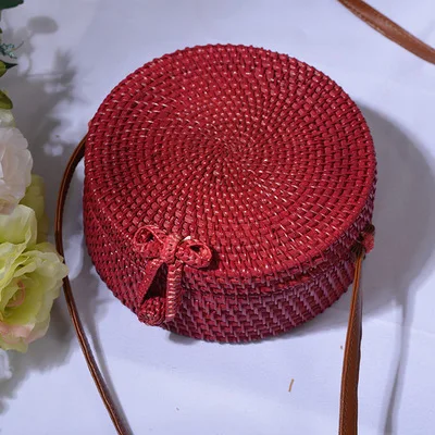 red20x8cm Летняя женская сумка из ротанга на ремне, Пляжная соломенная сумка в богемном стиле, круглые сумочки - Цвет: red20x8cm