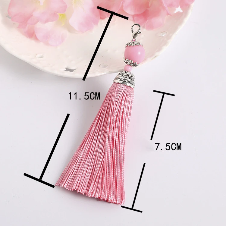 

5pcs 11.5cm Cotton Silk Tassels Key Ring With Beads Charm Pendant Satin Tassels With Lobster Clasp DIY Jewelry Making Findings B