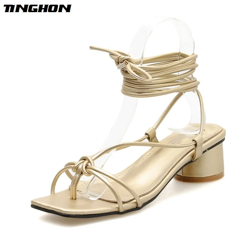 

TINGHON Women Mature PVC Basic Sandals Transparent Cross-Tied Thin High Heel Square Toe Party PU Lace-Up Shoes 35-40