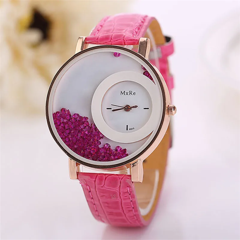 Woman elegant and charming font b watch b font Leather Quicksand Rhinestone Quartz Bracelet Wristwatch font