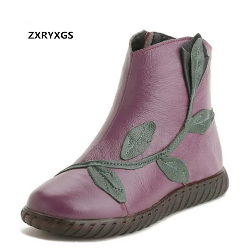 

2018 New Winter Ankle Boots Retro Flower Cowhide Leather Shoes Woman Boots Non-slip Soft Flat Shoes Comfortable Women Warm Shoes