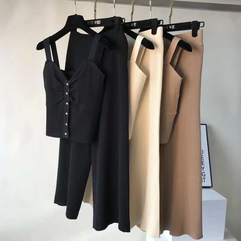 ALPHALMODA вязаный жилет без рукавов + трикотажные широкие брюки женский летний