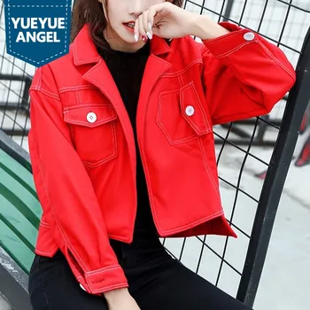 

New Arrival Fashion Thin Long Sleeve Casual Coats Female Slim Fit Denim Jean Short Red Outwear Large Size S-XXL