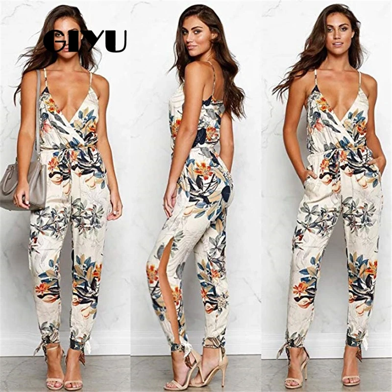 

GIYU V Neck Long Jumpsuits Women Wrap Strap Overalls Sexy Open Back Side Split Romper 2019 combinaison femme