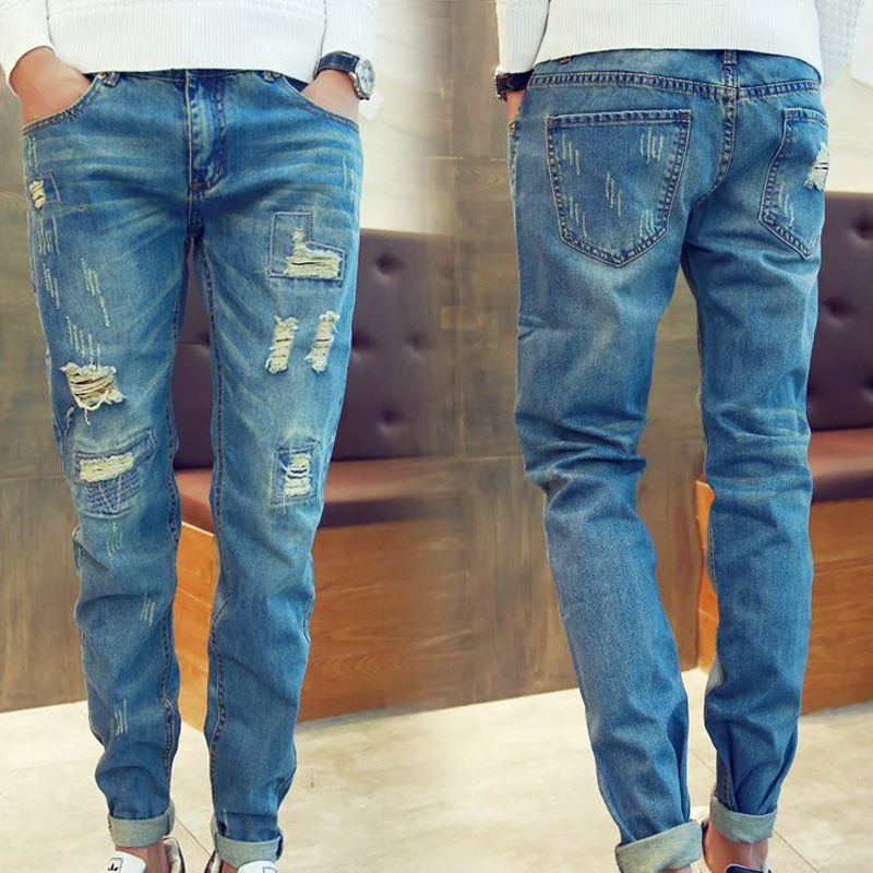 Высокое качество модные рваные голубые джинсы, мужские брюки мешковатые шаровары подростковые джинсовые ковбойские брюки