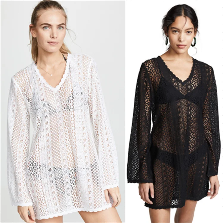 

Beach Dress Pareo Summer Sexy Cover Up Cangue Swimsuit Kaftan New Lace Slightly Penetrated Skirt Long Sleeve Acetate Solid Beach