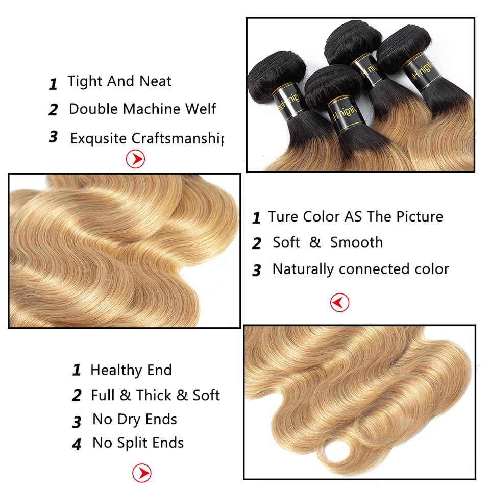 Qt Bleach Blonde Ombre Human Hair 3 Bundles Dark Roots T1b 27 Pre