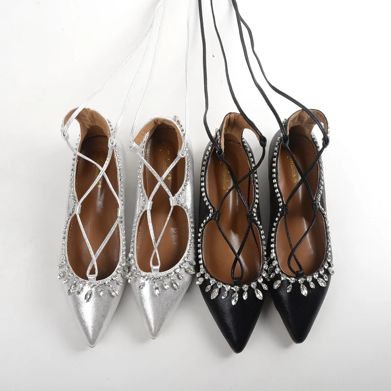 

US5-9 Gladiator New Style Women's Sexy Flat shoes Pointed Toe Lace-Up Ladies Sandals Ankle Strap Rhinestone Shoes Woman