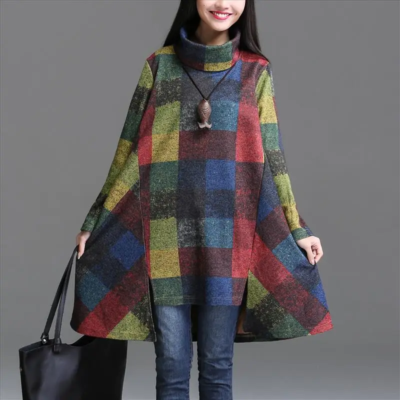 

Plus Size Clothing Autumn and Winter Loose Women Dress Turtleneck Irregular Full Dress Plaid Pockets Long Sleeve Winter Dress