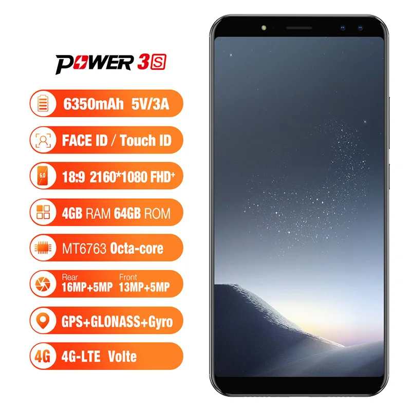 Ulefone Power 3S 4G LTE Mobile Phone Android 7.1 MTK6763 Octa Core Face ID Fingerprint Smartphone 6 Inch 4GB+64GB 6350mAh 16MP
