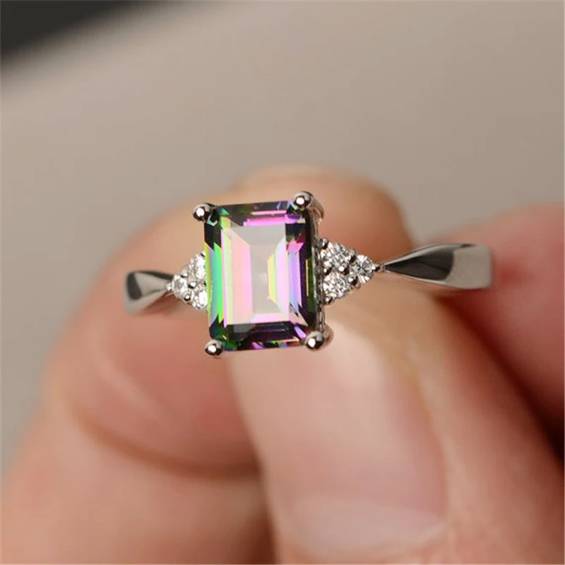 

2018 Trendy Blue Rainbow Square Stone Big Crystal Ring Women's Wedding Bands Jewelry Female Finger Rings Free Shipping