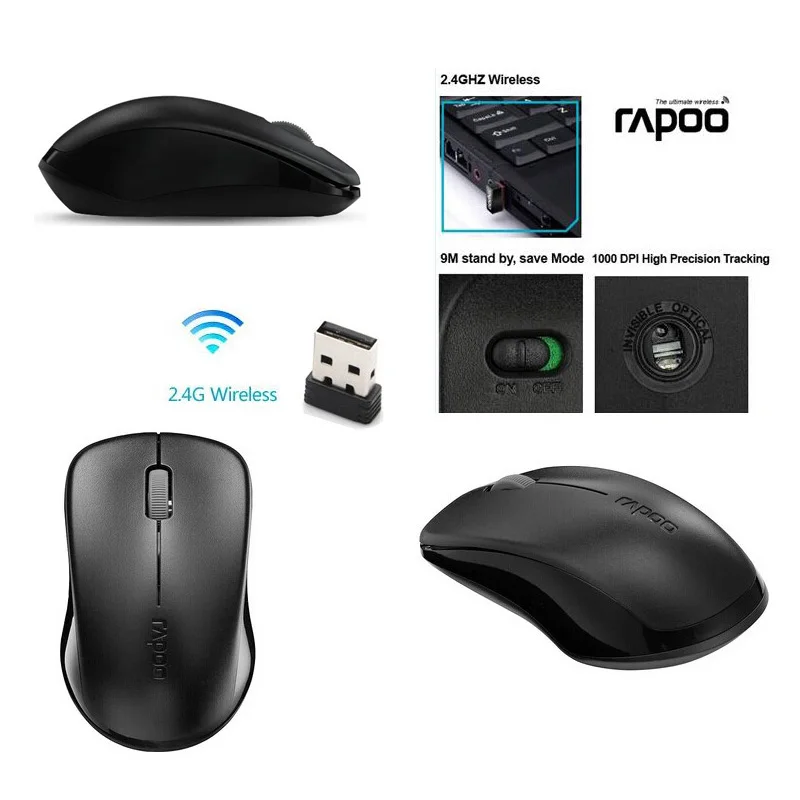 Rapoo 2.4 Г USB Оптическая Беспроводная Мышь с inivisble двигателя Эргономичный Бесшумная