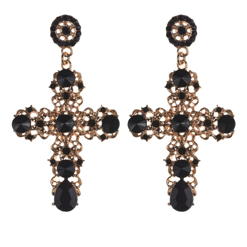 

PPG&PGG 2019 New Vintage Black Crystal Cross Drop Earrings for Women Baroque Bohemian Large Long Earrings Jewelry Wholesale