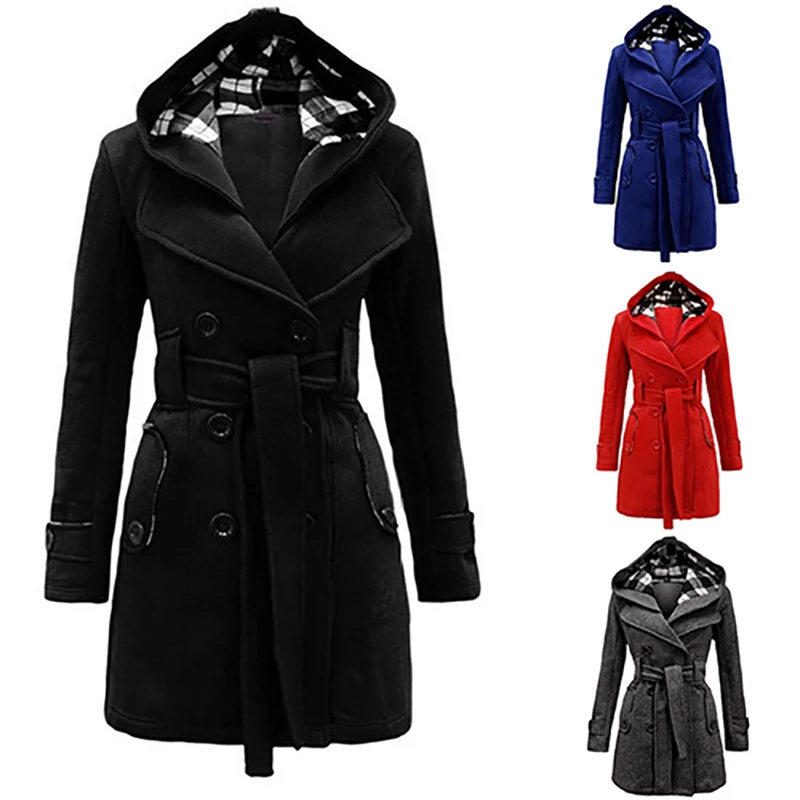 

New Women Fashion Warm Hooded Jacket Double-breasted Long Wind Coat with Belt