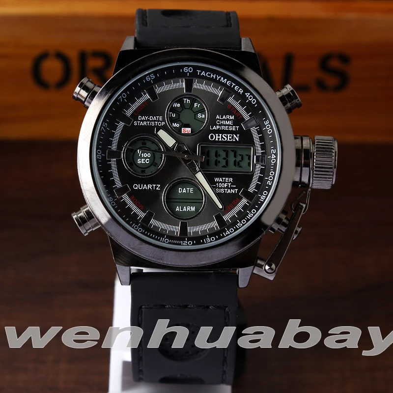 OHSEN Unique Vogue Men's Swimming Digital LCD Quartz Dual Time Outdoor Sport Army Watches Clock With Rubber Strap Reloje Hombre