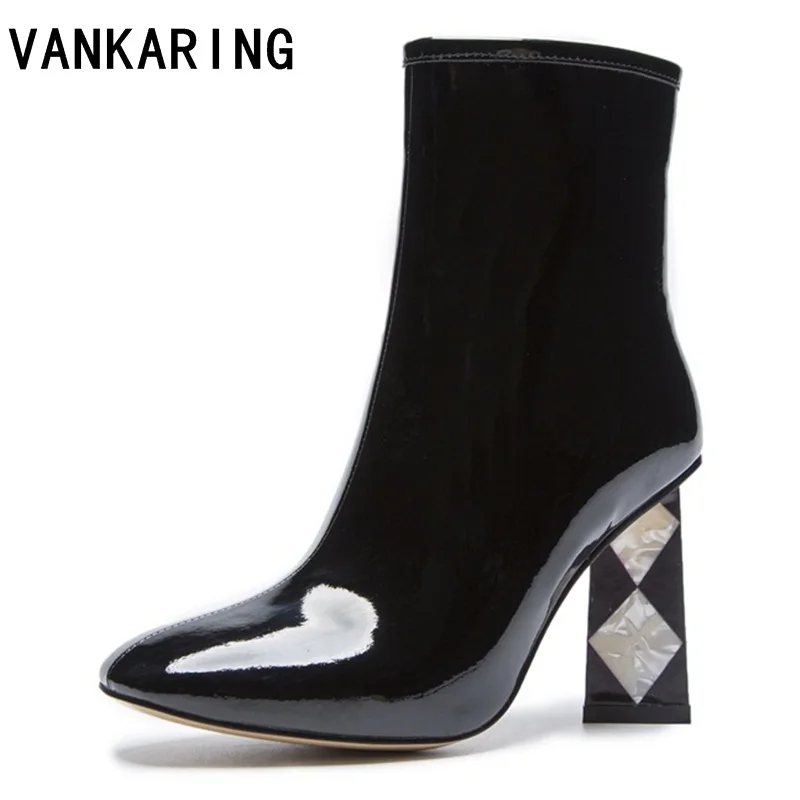

VANKARING autumn winter boots brand pumps patent leather ankle boots rain boots shoes woman solid rubber waterproof snow boots