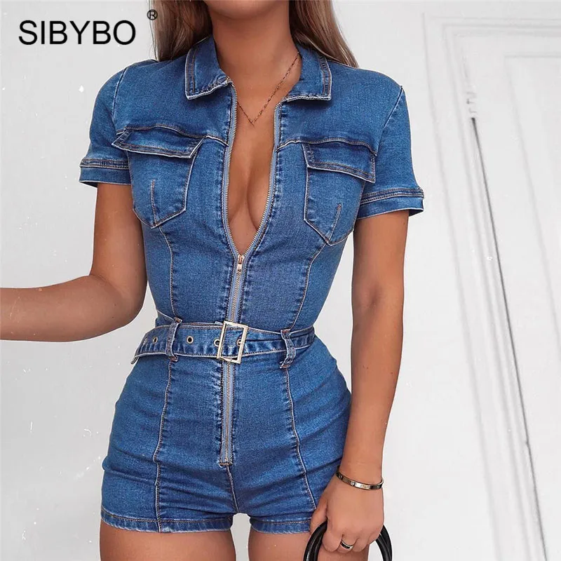 Sibybo пояса джинсовые летние Playsuit для женщин Мода передняя молния узкие сексуальный короткий комбинезон карманов повседневное
