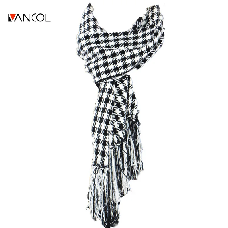 2015 Autumn Cashmere Mens Black White Warm Knitted Wool Plaid Long Thick Women Tassel Glitter Houndstooth