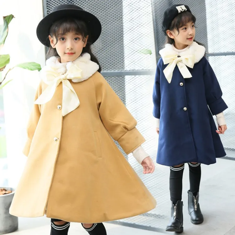 

2018 hot sell new fashion girls wool winter coats clothing long sleeve flower side bowknot decoration fancy girl dress coat