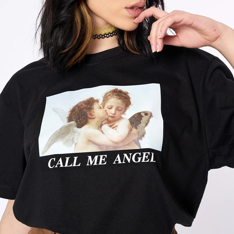 

angel t shirt vintage 90s thanksgiving gothic top white casual cartoon regular o-neck womens clothing streetwear
