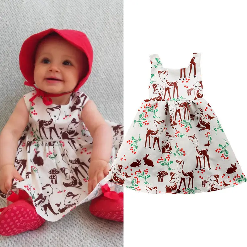 0 3T Cute Infant Kids Baby Girls Clothing Animal Deer Sleeveless Dress elegant Party Pageant