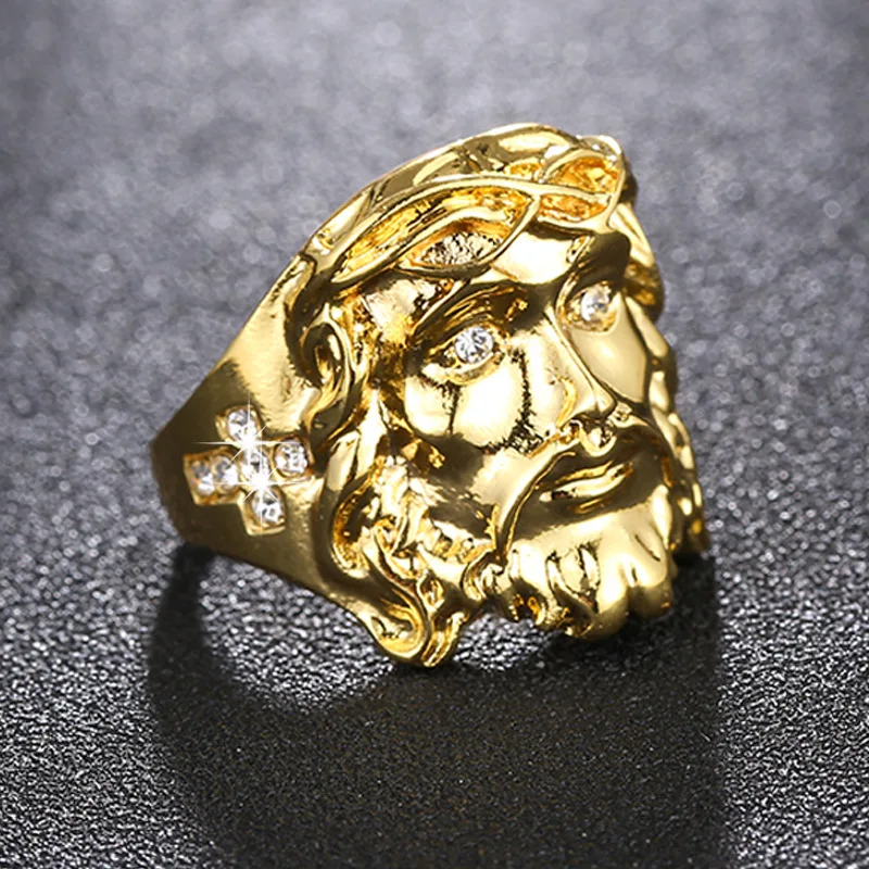 

Size 7-12 Hip Hop Men's Jesus Male Finger Rings Gold Color Zircon Jesus Men Signet Rings Anel Anillos Anelli Dropshipping
