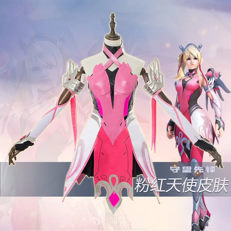 

OW Angela Ziegler Mercy Cosplay Costume Pink Mercy Angela Ziegler Skin Outfit for Girls Females Carnival Halloween Party Dress