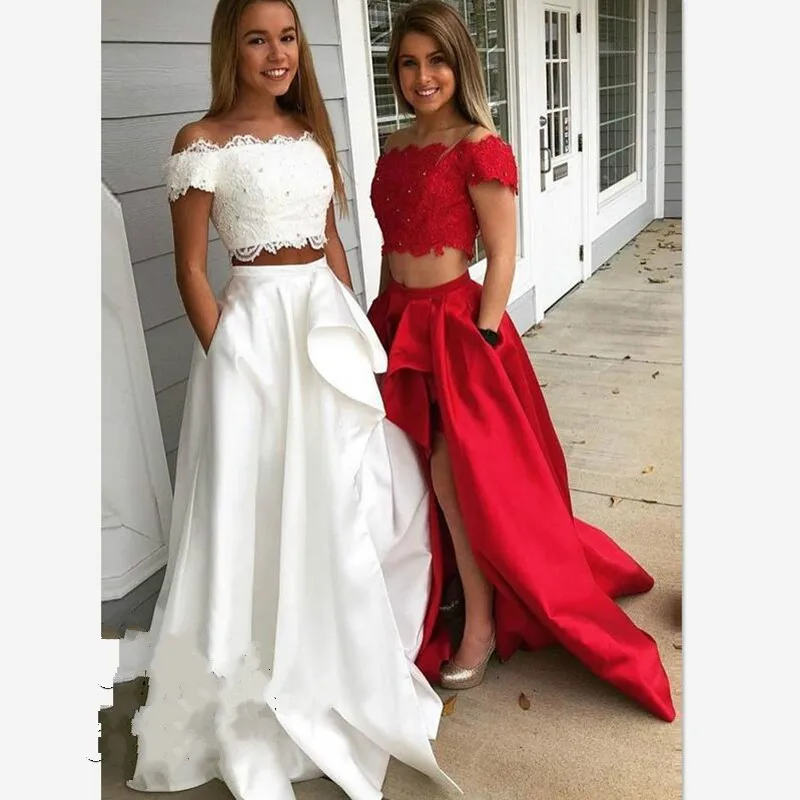 

2019 White Red New Bridesmaid dress Long Two Pieces sukienka Off The shoulder Lace hochzeit kleider gast