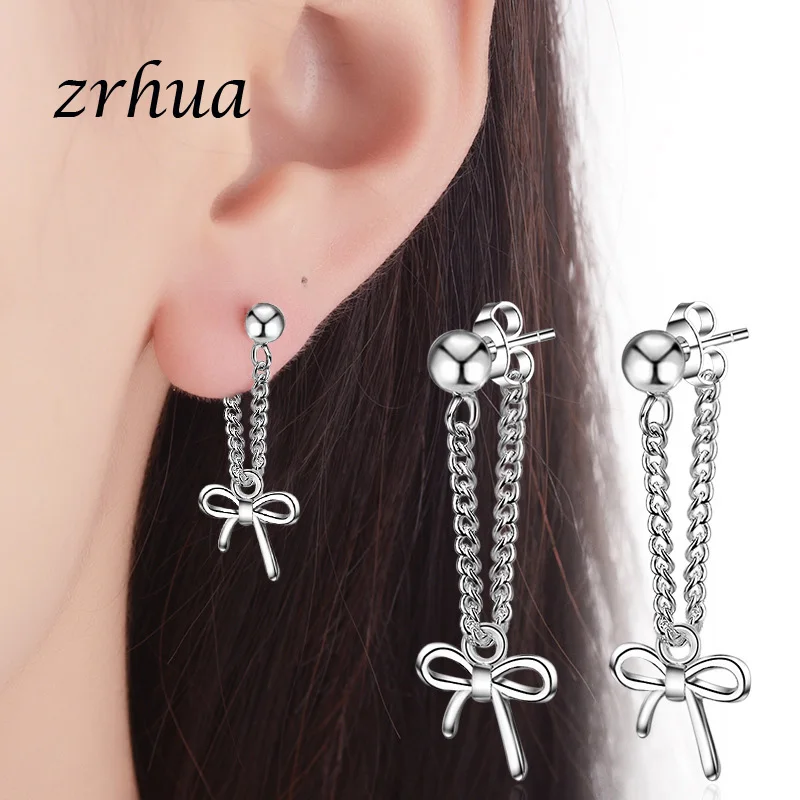 

ZRHUA Delicate 925 Sterling Silver Sparkling Bow Drop Earrings With 925 Stamp Women Party Luxury Jewelry Metal Bowknot Brincos