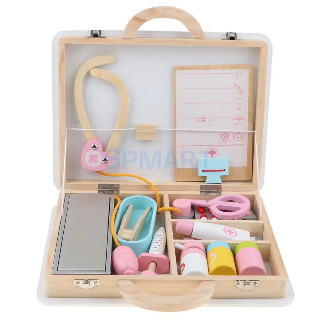 15 Pieces Wooden Doctor Nurse Medical Box Carry Case Suitcase Children Role Playing Set Kids Early Educational Toy Play Activity