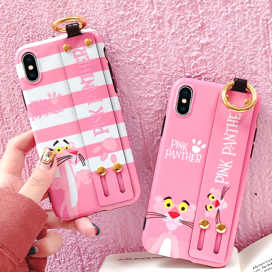 

Pink Panther Case for iPhone XS Max XR X 6 6S 7 8 Plus Case Cartoon Pink Leopard Ring Stand Soft Phone Cover for iPhone X 7 Case