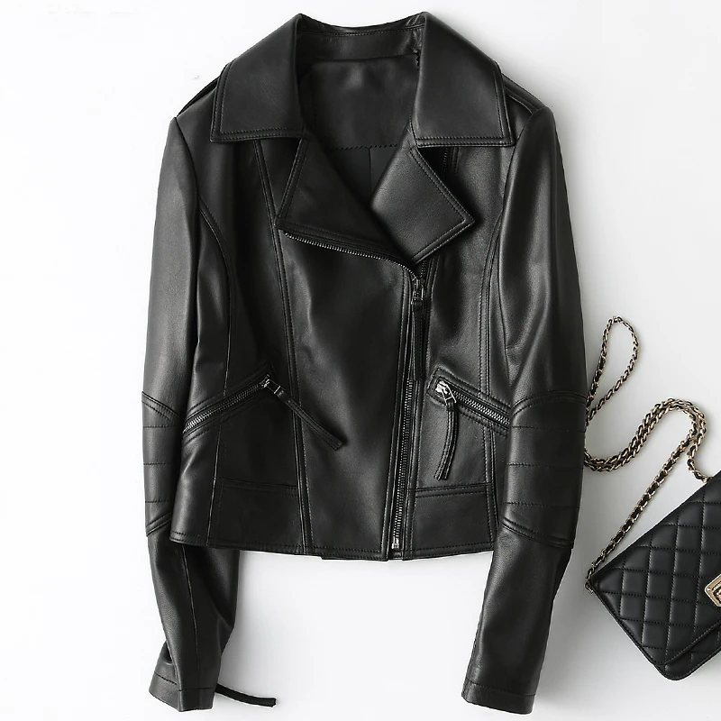 

High Quality Genuine Leather Jacket Motorcycles Women Short Spring Autumn Womens Sheepskin Coat Real Leather Chaqueta Mujer Z209