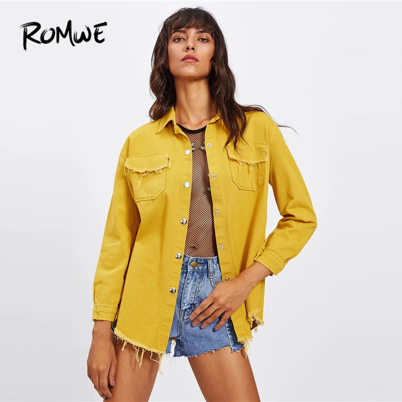 

ROMWE Frayed Curved Hem Denim Jacket 2019 Yellow Solid Single Breasted Womens Outer Posh Long Sleeve Women Long Coat