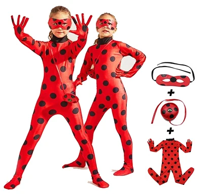 YES Spandex Ladybug Costume Jumpsuit Fancy Black Cat Adrian Marinette Super Hero Cosplay Costume For Girl Boy Adult Lady Wig - Color: child 3pcs