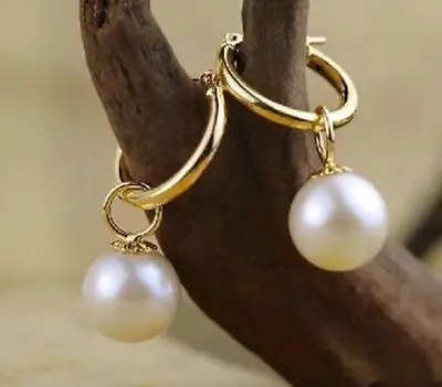 

Free Shipping >>AAA 10mm perfect round white Australia shell pearl dangle earring 14KGP
