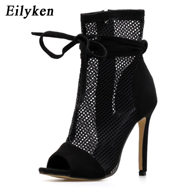 Eilyken, летние сапоги на молнии, сандалии пикантная Черная Женская обувь на шнуровке с открытым носком женские сапоги на тонком высоком каблуке 11,5 см
