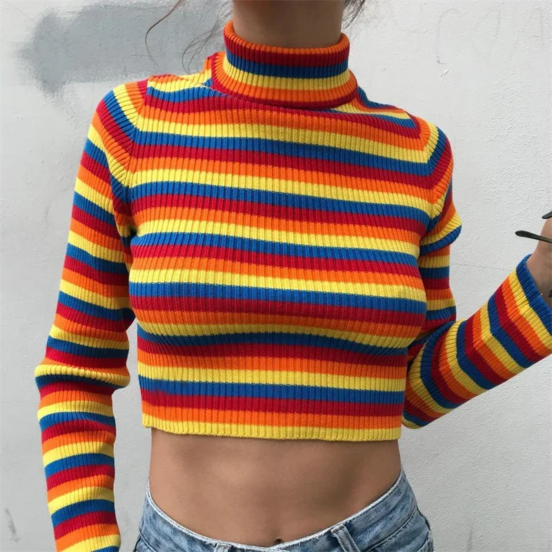 Женская Полосатая водолазка укороченный свитер женский Радужный трикотаж 2018 осень-зима модный топ тонкий пуловер уличная одежда свитер