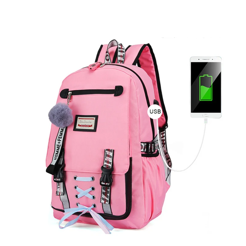 Рюкзак с USB защитой от кражи для девочек-подростков, нейлоновые школьные сумки, женский рюкзак, Большой Вместительный черный рюкзак для студентов