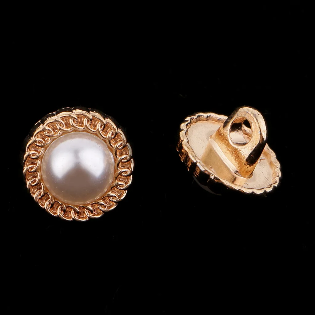 10 Pieces Round Crystal Faux Pearl Shank Buttons Costume Sewing Crafts Golden 10mm
