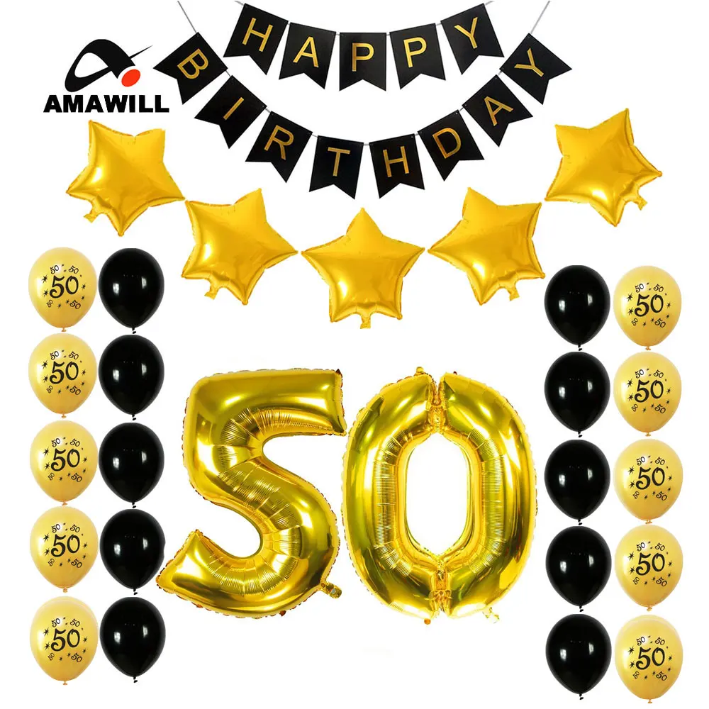 

Amawill 50th Birthday Party Decoration Kit 50 Gold Number Balloons Happy Birthday Banner 50 Years Old Party Supplies Adults 65D