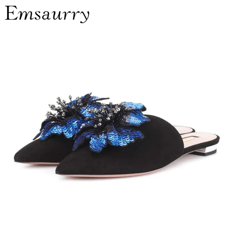 

Sexy Pointed Toe Flat Slippers Women Black Suede Bling Sequins Flower Mules Fashion Lady Shoes Casual Women Shoes