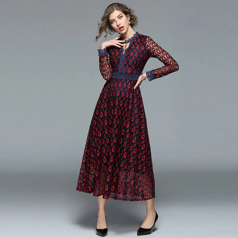 Borisovich New 2018 Spring Fashion England Style O-neck Hollow Out Lace Elegant Slim Women Casual Dresses Hot Sale Vestidos M082
