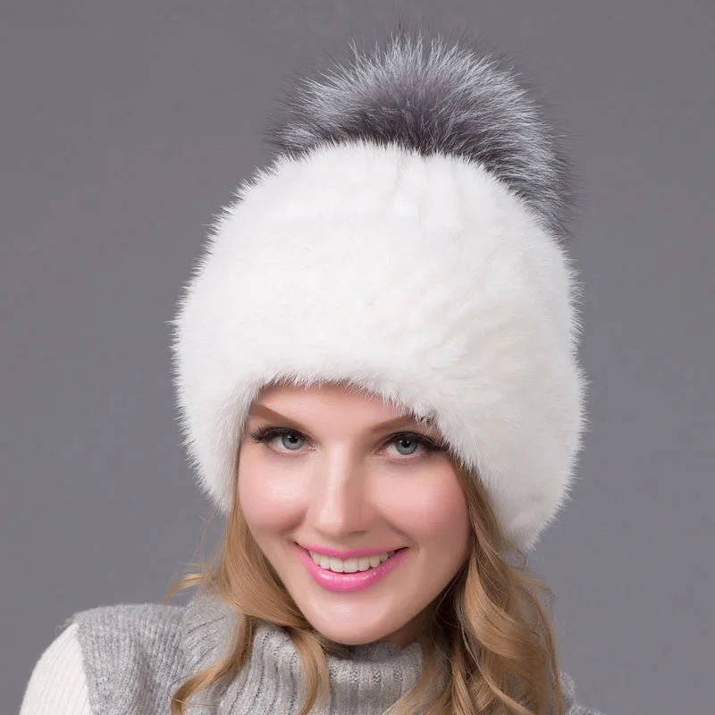 

New mink fur knitted fox fur ball cap high quality female winter warm hat casual fashion headdress BZ-10