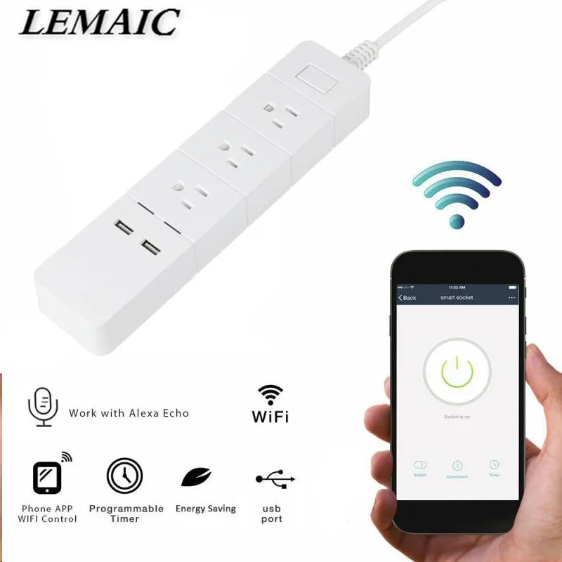 

LEMAIC WiFi Smart Socket WiFi Smart Plug w/ 3 AC Outlets 2 USB Charger Work with Amazon Alexa App Remote Control AC 125V US Plug
