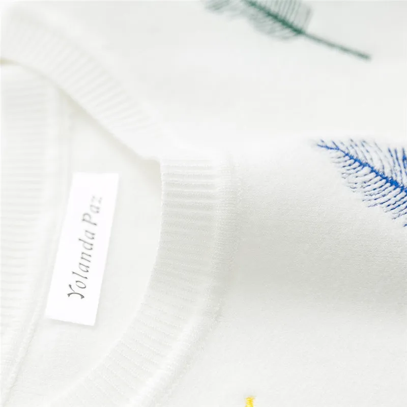 Yolanda Paz Hot !!! Autumn winter women fashion feather Embroidery Knitted sweaters black/white woman/girl casual sweater Sweaters